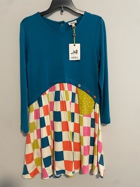 Girls' Teal Long-Sleeve Patchwork Dress